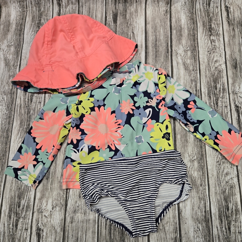 Carters floral rash guard swimsuit set with matching reversable sun hat